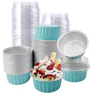 100Pcs Aluminum Cups with Lids,5oz Disposable Ramekin Baking Cups Muffin Liners Mini Pie Pans Foil Cupcake Containers for Christmas Party Wedding,Blue