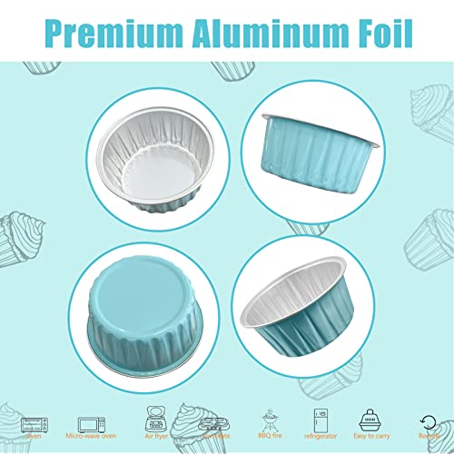 100Pcs Aluminum Cups with Lids,5oz Disposable Ramekin Baking Cups Muffin Liners Mini Pie Pans Foil Cupcake Containers for Christmas Party Wedding,Blue