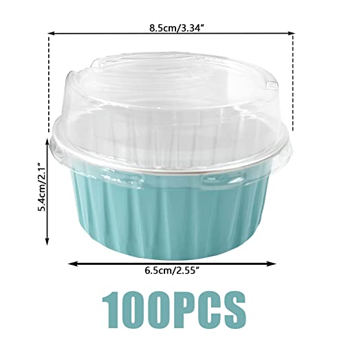 100Pcs Aluminum Cups with Lids,5oz Disposable Ramekin Baking Cups Muffin Liners Mini Pie Pans Foil Cupcake Containers for Christmas Party Wedding,Blue