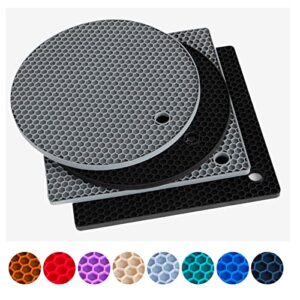 trivet mats, silicone pot holders for hot pan and pot pads. heat resistant counter mats for tables, countertops, spoon rest and large coasters, 4 pack color gray & black