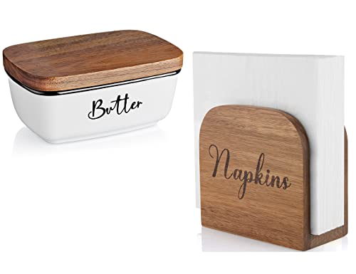 ALELION Farmhouse Napkin Holder, Wooden Napkin Holder for Table, Natural Acacia Wood Napkin Dispenser for Indoor & Outdoor, Rustic Napkin Holder for Home Kitchen Decor