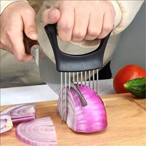 onion slicer food slice assistant - stainless steel onion holder for slicing - vegetable potato cutter slicer, onion cutting tool,kitchen gadget onion peeler slicing tool(black)