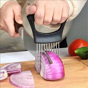 Onion Slicer Food Slice Assistant - Stainless Steel Onion Holder for Slicing - Vegetable Potato Cutter Slicer, Onion Cutting Tool,Kitchen Gadget Onion Peeler Slicing Tool(Black)