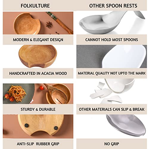 Folkulture Wooden Spoons for Cooking Set for Kitchen and Spoon Rest Bundle, Non Stick Cookware Tools or Utensils Includes Wooden Spoon, Spatula, Spoon Rest for Kitchen Counter, Spoon Holder for Stove