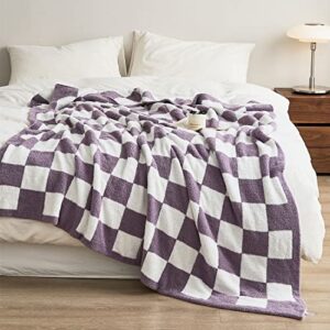 vctops buffalo check plush throw blanket purple and white checkered bed blankets lightweight cozy soft decorative knitted blanket for sofa couch bed (purple,51"x63")