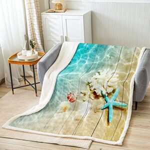 feelyou ocean sherpa blanket coastal beach fleece throw blanket starfish shell pattern plush blankets and throws summer fuzzy blanket for bed sofa couch 90" x 90"