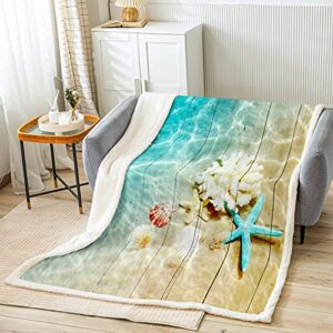 Feelyou Ocean Sherpa Blanket Coastal Beach Fleece Throw Blanket Starfish Shell Pattern Plush Blankets and Throws Summer Fuzzy Blanket for Bed Sofa Couch 90" x 90"