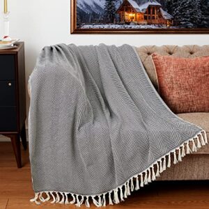 mykonos home throw blanket for couch - 100% pure turkish cotton knitted blanket with tassels, cozy, lightweight, eco-friendly, soft blankets for chair, bed, authentic boho warm blanket 51x60 in