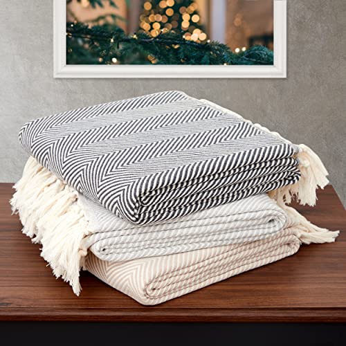 Mykonos Home Throw Blanket for Couch - 100% Pure Turkish Cotton Knitted Blanket with Tassels, Cozy, Lightweight, Eco-Friendly, Soft Blankets for Chair, Bed, Authentic Boho Warm Blanket 51x60 in