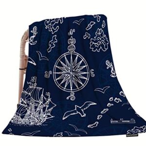 HGOD DESIGNS Pirate Adventures Throw Blanket,Marine and Nautical Elements Old Ships Compass Treasure Islands On Blue Soft Warm Decorative Throw Blanket for Bed Chair Couch Sofa 30"X40"