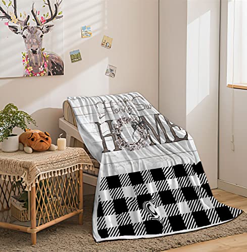 Black White Buffalo Check Plaid Chunky Throw Blanket for Couch Bedroom Bedding Decor Office, Rustic Floral Farmhouse Soft Thick Flannel Bed Blanket Decorations (640 Grams 50X60 Inches)