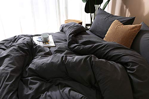 F.Y.Dreams 100% Washed Cotton Duvet Cover for Weighted Blanket 60x80 inches with 8 Ties, Zipper on Long Side/Black Grey/Just Duvet Cover