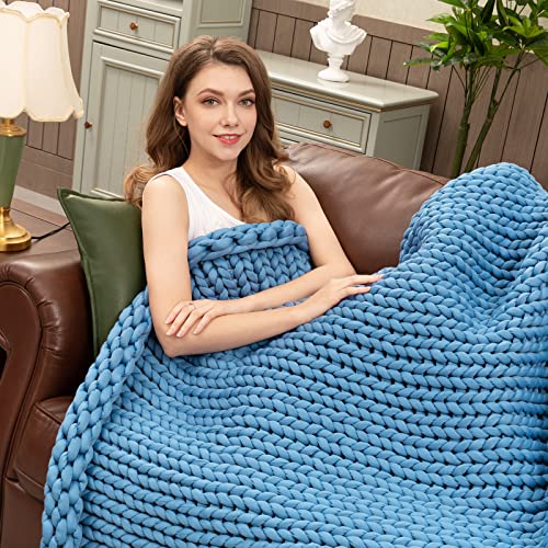 yescool Knitted Weighted Blanket for Adults (48"x72", Twin Size, 15Ibs) Cooling Weighted Blanket, Comfortable Soft Chunky Knit Heavy Blanket Washable Knit Decorative Blanket, No Beads, Blue