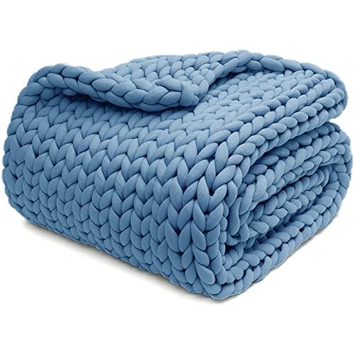yescool Knitted Weighted Blanket for Adults (48"x72", Twin Size, 15Ibs) Cooling Weighted Blanket, Comfortable Soft Chunky Knit Heavy Blanket Washable Knit Decorative Blanket, No Beads, Blue