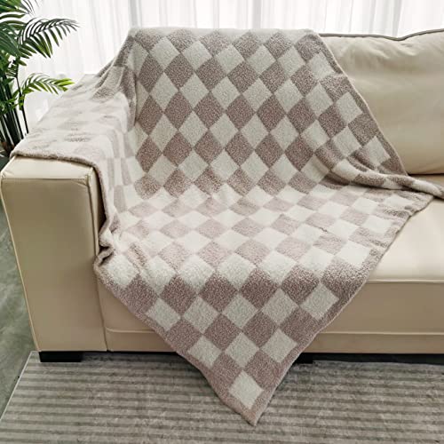 Fuzzy Checkered Blanket Checkerboard Fluffy Throw Blanket Decorative Plaid Blanket - Super Soft Warm Cozy Reversible Blanket for Chair, Sofa, Couch, Bed, Camping, Travel (51''x63'', Brown)