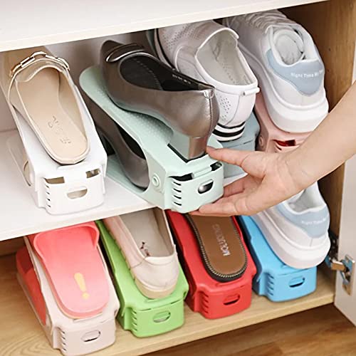 5 Pcs Shoe Slots Space Saver, Double Layer Shoe Slots Organizer, Shoe Stacker with 2 Different Height?4 Colors Available, Durable and Easy to Clean (Pink)