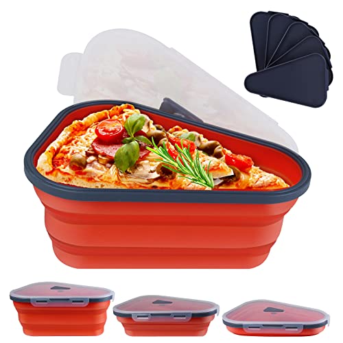 Queceuy Reusable expandable pizza storage container with 5 microwaveable heating trays, adjustable silicone pizza box, space saving and leftover pizza slice container, microwave and dishwasher safe.