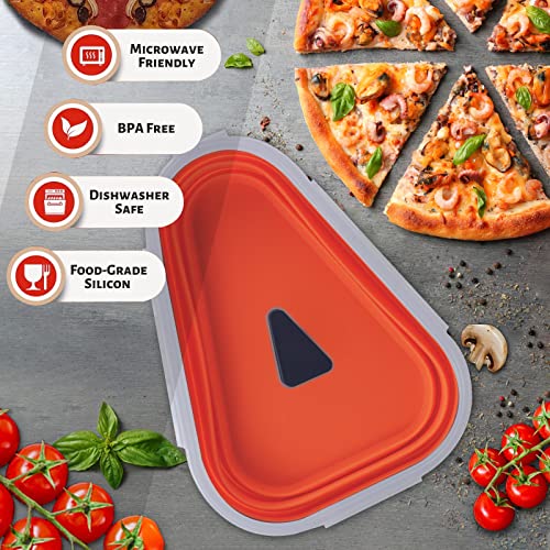 Queceuy Reusable expandable pizza storage container with 5 microwaveable heating trays, adjustable silicone pizza box, space saving and leftover pizza slice container, microwave and dishwasher safe.