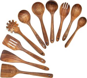 wooden spoons for cooking,10 pcs natural teak wooden kitchen utensils set wooden utensils for cooking wooden cooking utensils wooden spatulas for cooking