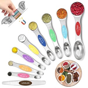 magnetic measuring spoons set of 9, dual sided stainless steel measuring spoons set with leveler, stackable teaspoon and multi-color kitchen gadgets for baking measuring, fits in spice jars (9 pcs)