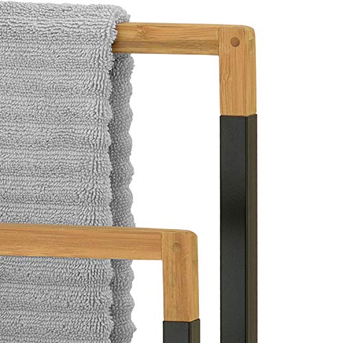 MyGift 33 Inch Black Chrome Plated Metal Freestanding Bathroom Towel Rack Stand with 3 Tier Bamboo Wood Bar, Laundry Room Drying Rack Stand