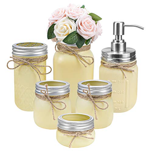 Tebery Yellow Mason Jar Bathroom Accessories Set 6 Pack Painted Jars Rustic Farmhouse Decor Bathroom Countertop Vanity Organizer