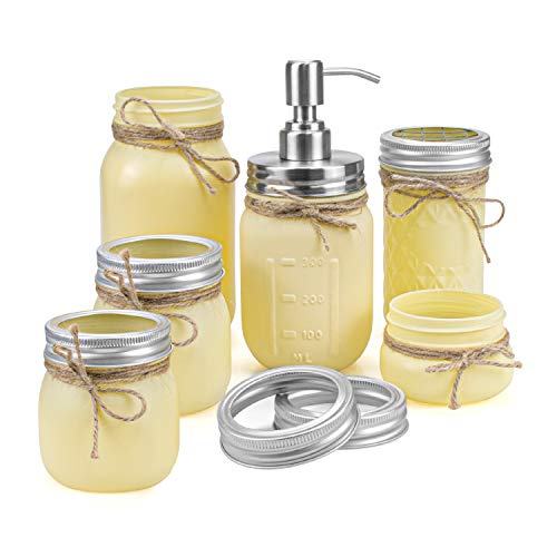 Tebery Yellow Mason Jar Bathroom Accessories Set 6 Pack Painted Jars Rustic Farmhouse Decor Bathroom Countertop Vanity Organizer