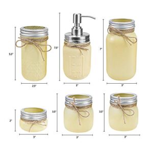 Tebery Yellow Mason Jar Bathroom Accessories Set 6 Pack Painted Jars Rustic Farmhouse Decor Bathroom Countertop Vanity Organizer