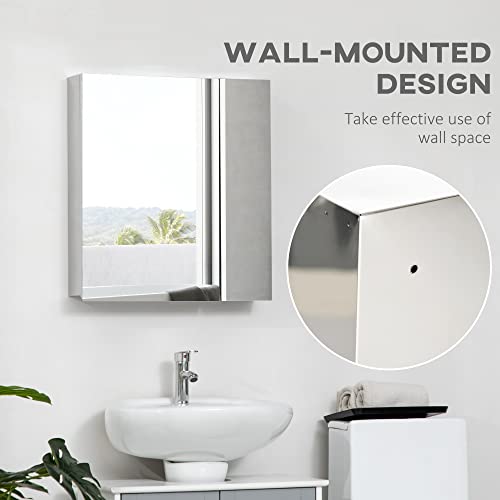 kleankin Wall-Mounted Medicine Cabinet with Mirror, Bathroom Mirror Cabinet Wall Mounted with Hinged Door, Storage Shelves for Living Room and Laundry Room, Silver
