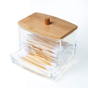 nagu acrylic qtip holder with bamboo lid, clear small cotton swab dispenser, plastic ear stick swabs holder, square toothpick storage container, bathroom countertop decorative storage organizer