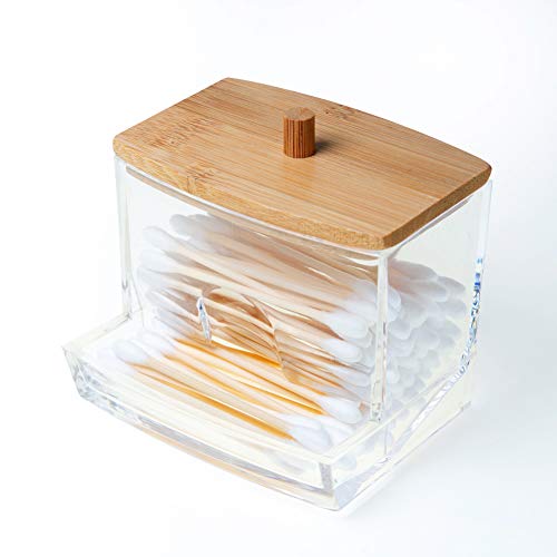 NAGU Acrylic Qtip Holder with Bamboo Lid, Clear Small Cotton Swab Dispenser, Plastic Ear Stick Swabs Holder, Square Toothpick Storage Container, Bathroom Countertop Decorative Storage Organizer