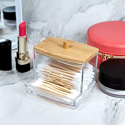 NAGU Acrylic Qtip Holder with Bamboo Lid, Clear Small Cotton Swab Dispenser, Plastic Ear Stick Swabs Holder, Square Toothpick Storage Container, Bathroom Countertop Decorative Storage Organizer