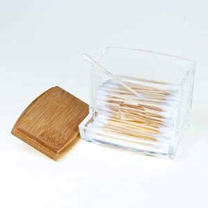 NAGU Acrylic Qtip Holder with Bamboo Lid, Clear Small Cotton Swab Dispenser, Plastic Ear Stick Swabs Holder, Square Toothpick Storage Container, Bathroom Countertop Decorative Storage Organizer