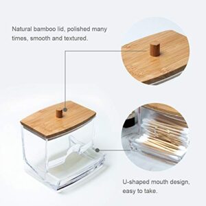 NAGU Acrylic Qtip Holder with Bamboo Lid, Clear Small Cotton Swab Dispenser, Plastic Ear Stick Swabs Holder, Square Toothpick Storage Container, Bathroom Countertop Decorative Storage Organizer