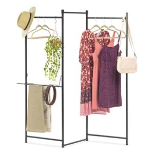 iris usa 3 panels collapsible clothes rack with shelf, customizable garment rack, foldable clothes drying rack, locked and leveled, perfect for any space, modern and fashionable, black