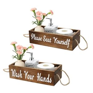 MEGREZ Bathroom Decor Box Bathroom Tray, 2 Sides Funny Saying Toilet Paper Holder, Rustic Wooden Farmhouse Decor Storage Box for Bathroom, Counter, Kitchen, Home Decor Paper Box, Wash Your Hands