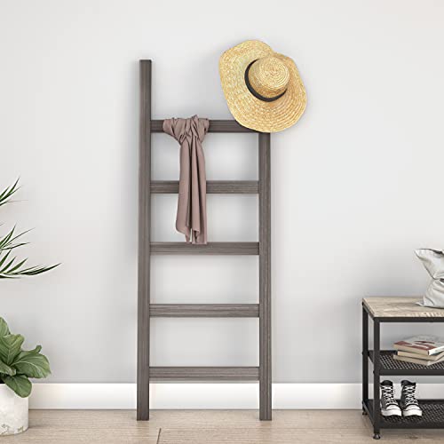 Ballucci Blanket Ladder, 5-Tier Towel Rack, Wood Decorative Ladder Shelf for Blankets, Throws, Quilts in Bathroom, Living Room, Bedroom, 54" Tall - Rustic Gray