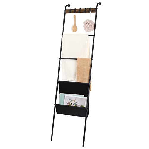 Blanket Ladder Decorative Ladder Holder with 5 Hooks and Pocket 5 Tier Farmhouse Metal Wall Leaning Towel Rack Stand for Bathroom Living Room Laundry Room, Black