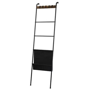 Blanket Ladder Decorative Ladder Holder with 5 Hooks and Pocket 5 Tier Farmhouse Metal Wall Leaning Towel Rack Stand for Bathroom Living Room Laundry Room, Black