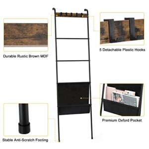 Blanket Ladder Decorative Ladder Holder with 5 Hooks and Pocket 5 Tier Farmhouse Metal Wall Leaning Towel Rack Stand for Bathroom Living Room Laundry Room, Black