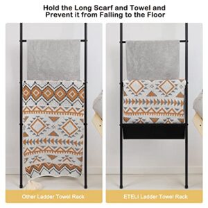 Blanket Ladder Decorative Ladder Holder with 5 Hooks and Pocket 5 Tier Farmhouse Metal Wall Leaning Towel Rack Stand for Bathroom Living Room Laundry Room, Black