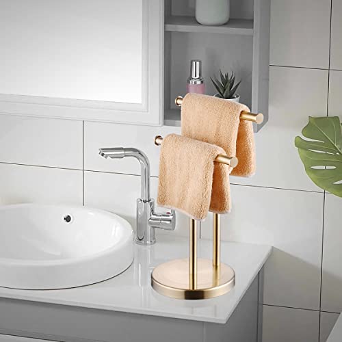 Towel Holder Stand Gold Brushed Hand Towel Holder Stand T-Shaped Towel Rack for Bathroom Kitchen Countertop, 2 Towel Rings, SUS304 Stainless Steel