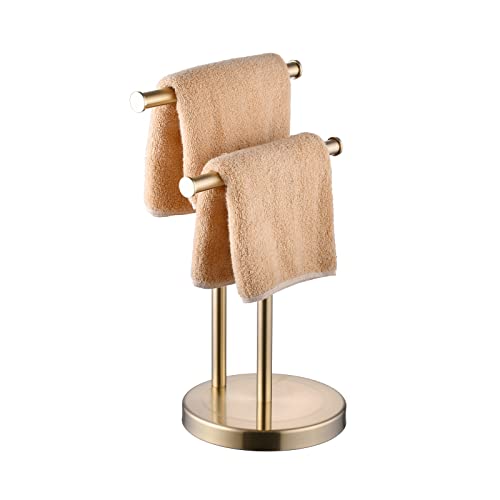 Towel Holder Stand Gold Brushed Hand Towel Holder Stand T-Shaped Towel Rack for Bathroom Kitchen Countertop, 2 Towel Rings, SUS304 Stainless Steel