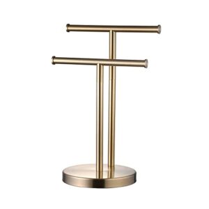 Towel Holder Stand Gold Brushed Hand Towel Holder Stand T-Shaped Towel Rack for Bathroom Kitchen Countertop, 2 Towel Rings, SUS304 Stainless Steel