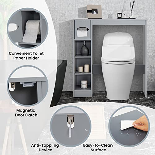 Giantex Over The Toilet Storage Cabinet, Freestanding Toilet Cabinet Organizer w/Adjustable Shelves & Toilet Paper Holder, Bathroom Space Saver Storage Rack Home Organizer for Bathroom Laundry (Grey)