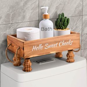 bs-vog bathroom decor box, raised wood toilet tank basket for toilet paper with funny signs on 2 sides for back of toilet, farmhouse tank topper storage organizer tray for rustic home decor (brown)