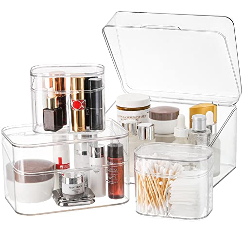 Coloch Set of 4 Makeup Storage Box with Hinged Lids, Clear Bathroom Cosmetics Organizer DustProof Cotton Swab Holder Q-Tips Dispenser, Plastic Counter Vanity Decor for Cotton Balls, Lipsticks