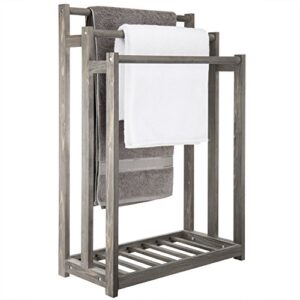 mygift freestanding vintage gray wood towel rack stand with 3 tier bath towel bar and bottom storage shelf