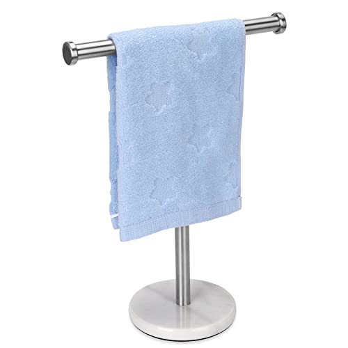 Kalitro Towel Rack with Natural Marble Base T-Shape Hand Towel Holder Stand SUS304 Stainless Steel for Bathroom Vanity Countertop Brushed Nickel Finish (Silver)