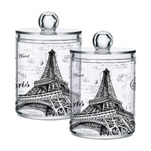 wellday apothecary jars bathroom storage organizer with lid - 14 oz qtip holder storage canister, paris eiffel tower clear plastic jar for cotton swab, cotton ball, floss picks, makeup sponges,hair cl